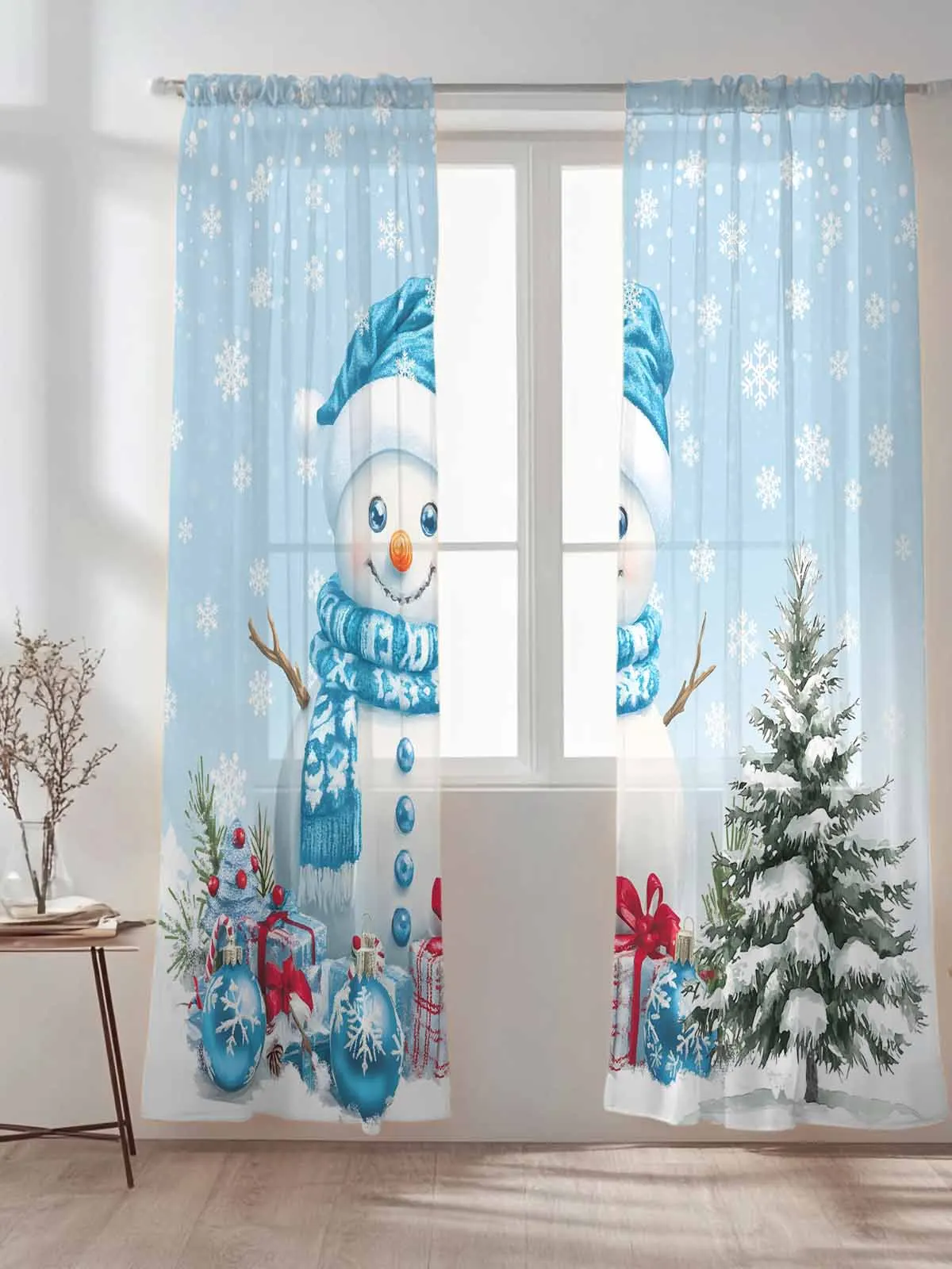 

Акварельные милые рождественские тюлевые прозрачные шторы со снеговиком для гостиной, спальни, кухни, украшения, вуаль, шторы из органзы