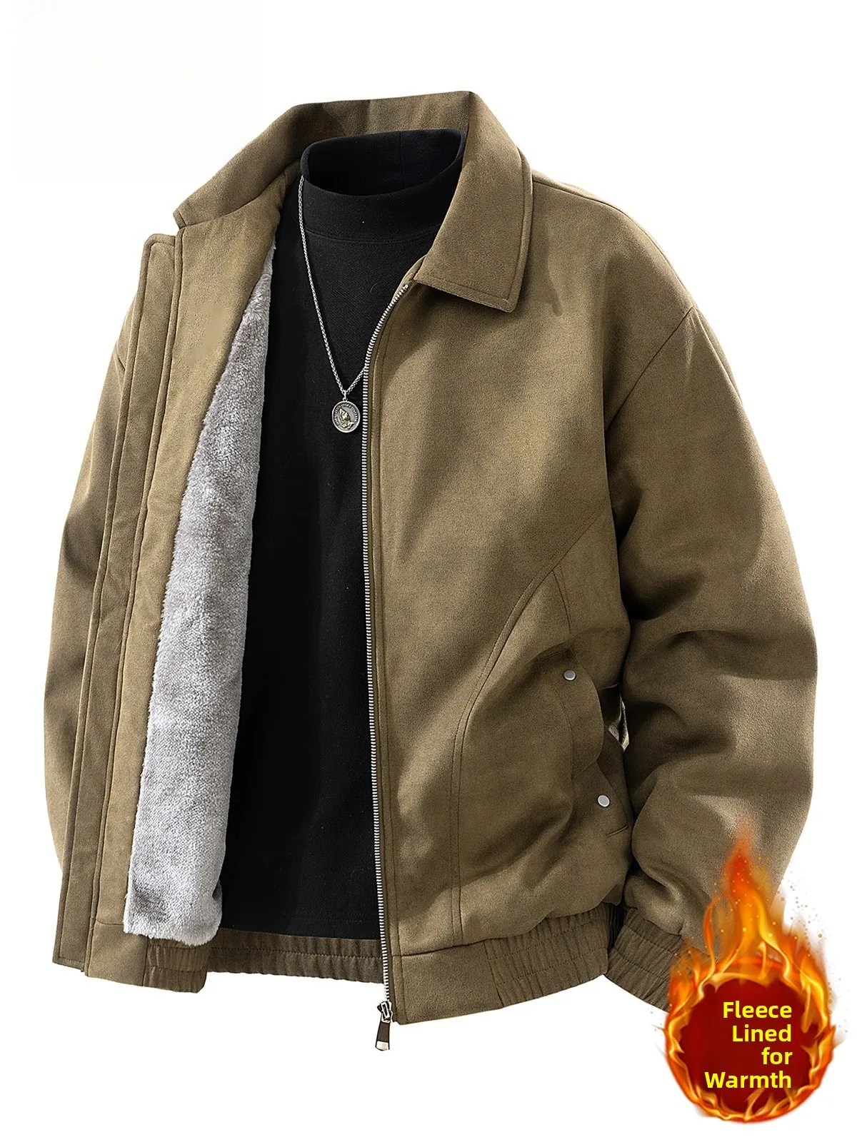 

Men's Suede Jaet Winter Thiened Fce Lined Spor American Sle Windproof Collar Coat Casual Loose Fit Zipper Decor