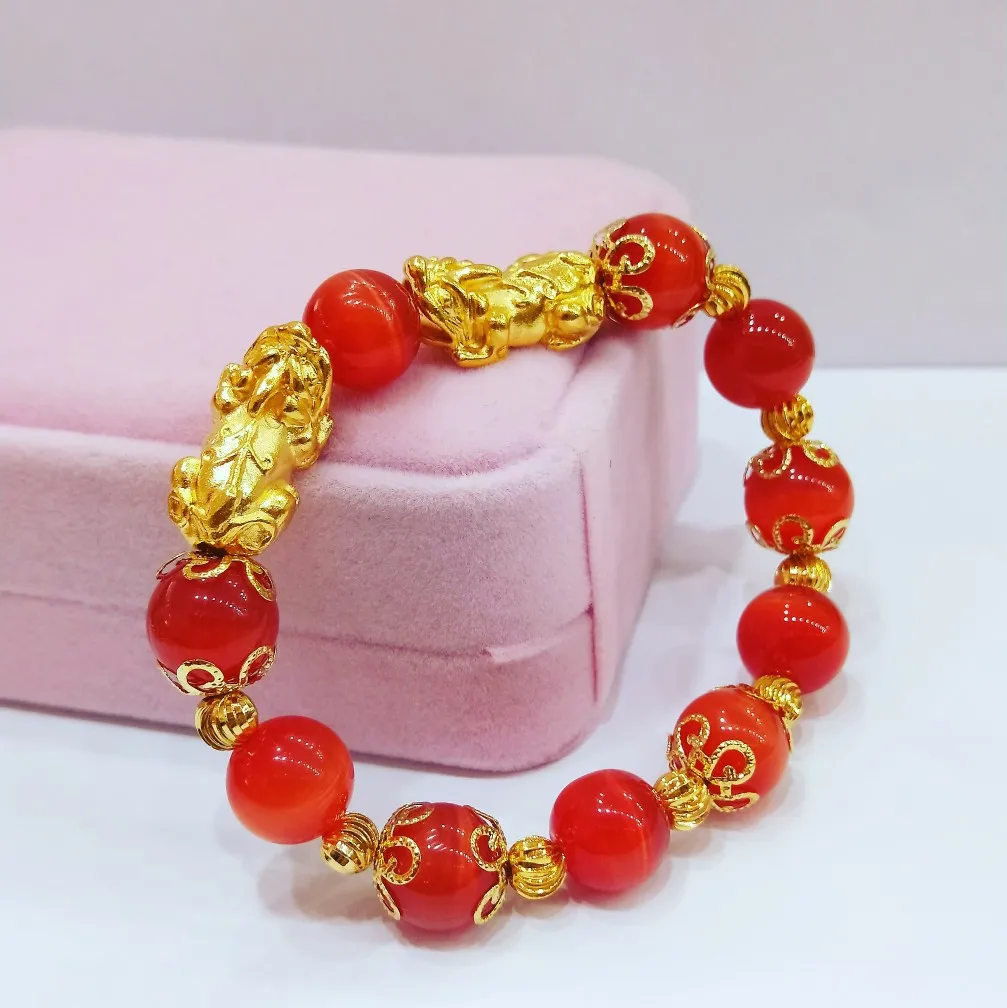 

New 24k gold bracelet AU999 real gold double Pixiu with red cat;s eye stone womens pure gold bracelet jewelry