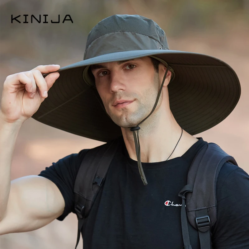 Summer Men new outdoor fishing hiking wide Large Brim sun Fisherman hat sunshade visor Quick drying UV Protection hat Bucket Hat