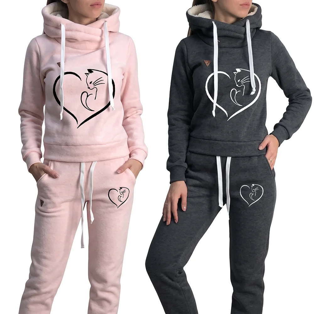 Autumn Winter Women Tracksuit 2 Piece Set Cute Cat Heart Print Fleece Warm Hoodie and Sweatpants Casual Sportswear Jogger Outfit