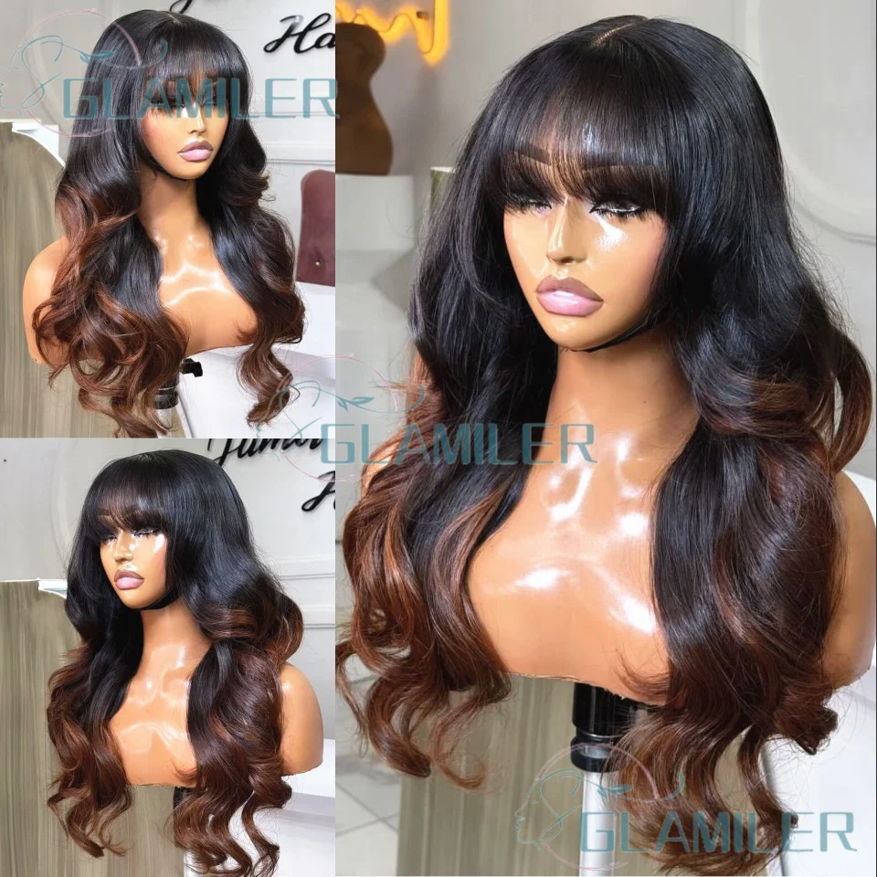 

Ombre Black Brown Fringe Human Hair Body Wavy Wigs Remy Brazilian 5x5 Silk Top Closure Wigs With Bangs 13x6/360 Lace Front Wigs
