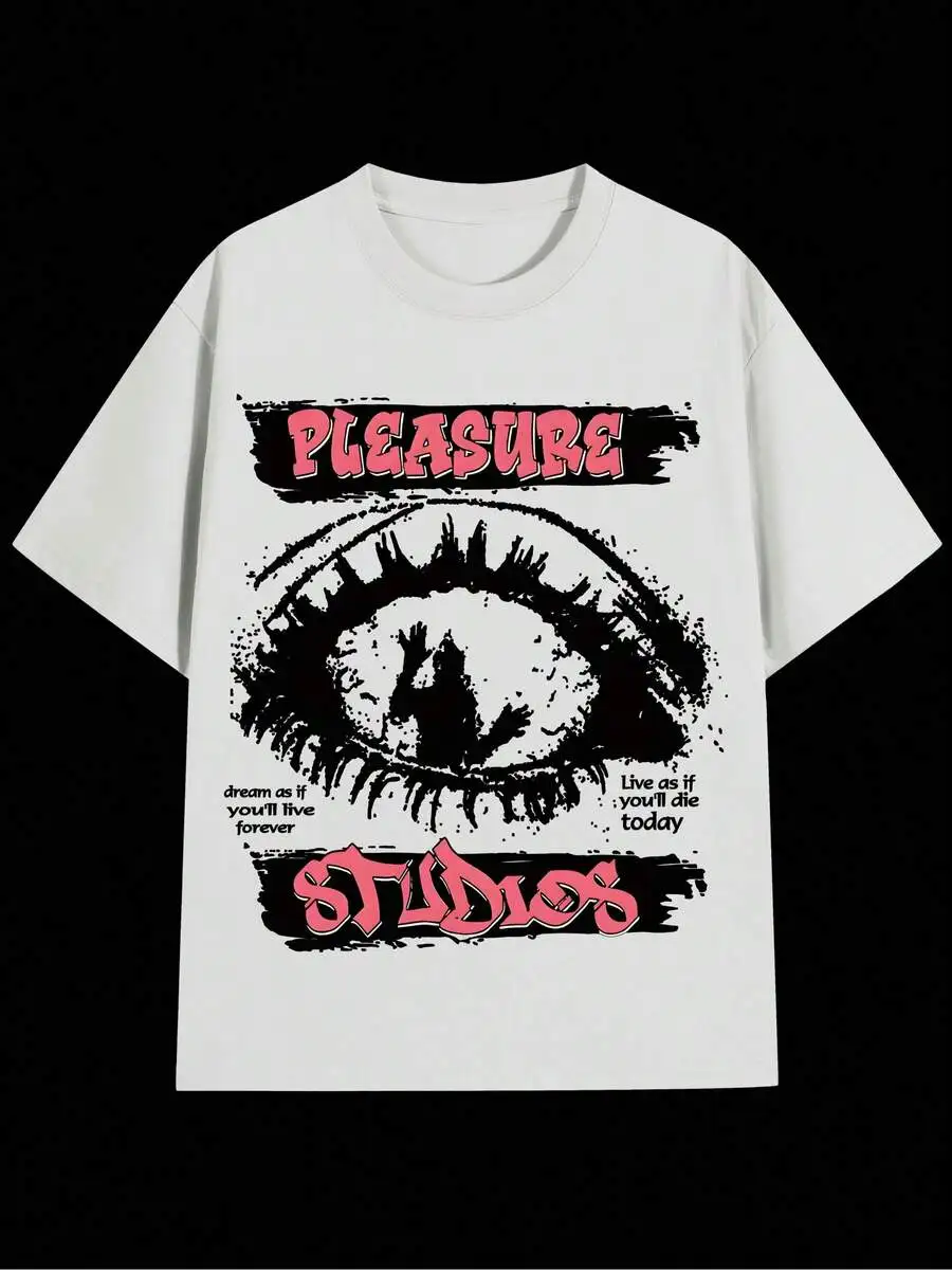 Y2K Streetwear Men Tee Vintage Distressed Eye Portrait Hello Letter Print Casual Short Sleeve Top