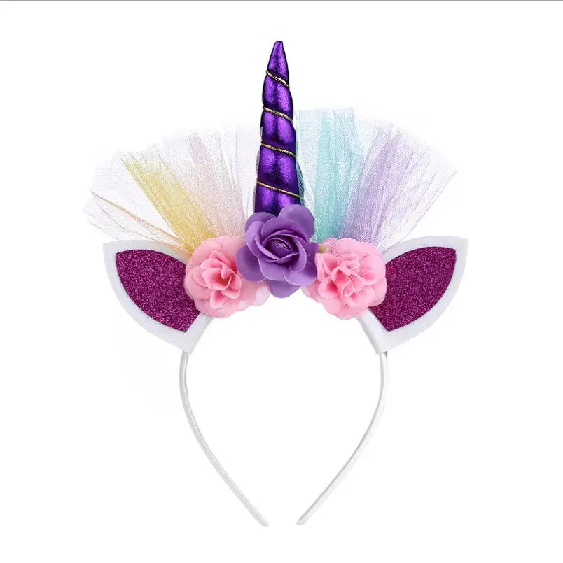 

Повязка на голову с рогом единорога и блестками, 30x22 см, с цветочным узором и ушками животных, удобная, легкая, для девочек, для дня рождения