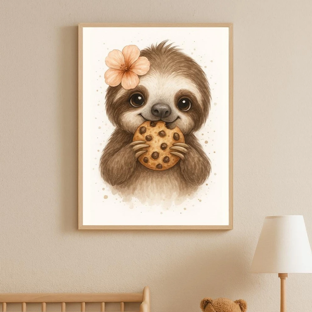 3pcs Cute Animal Art Posters: Sloth, Cow, and Pig Enjoying Cookies, Milk, and Coffee—Decorative Art for Children's Rooms