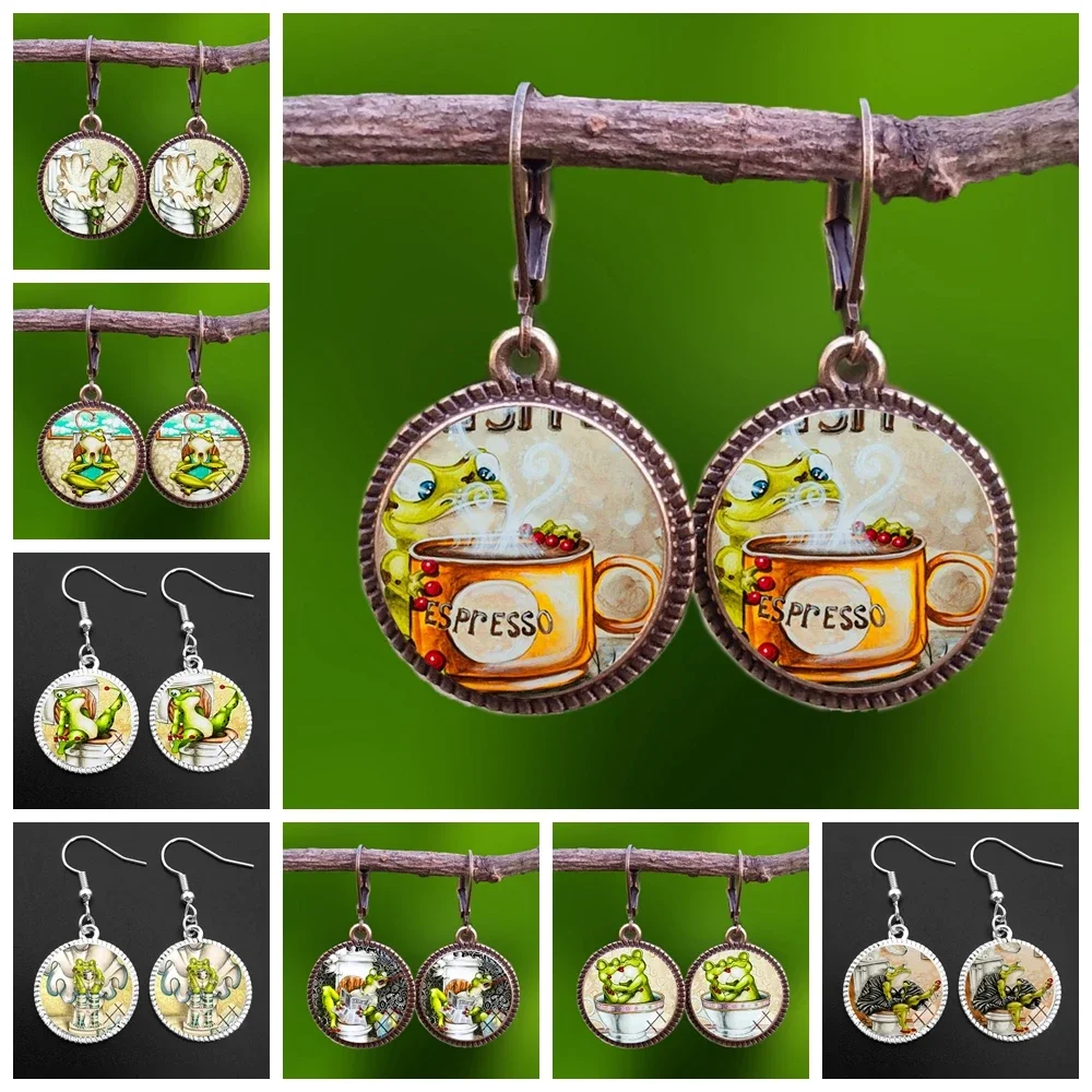 Cute Cartoon Frog on The Toilet Glass Cabochon Drop Earrings Dangle Earrings Toilet Paper Earrings Jewelry Gifts for Girl