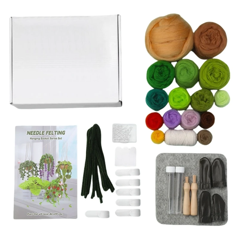Needle Felting Supplies Hanging Potted Plant Wool Felted Set with Felting Needle Instruction Wool Roving for Beginner Y5GB