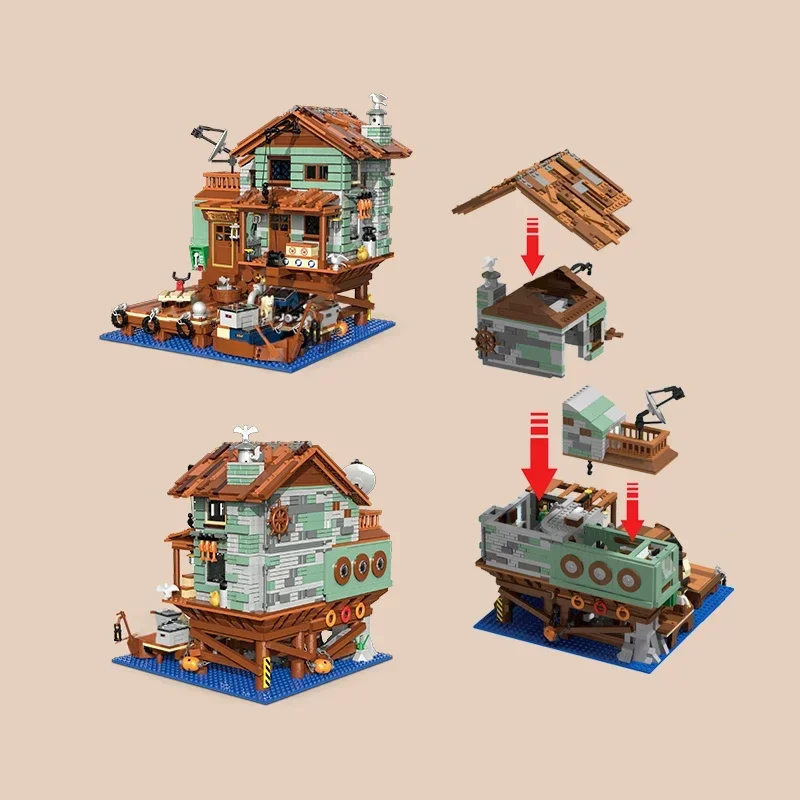 2100PCS Fisherman's Wharf Building Block ClassicTree House Model Seaside Street View Boat Diy Bricks Toys For Kids Holiday Gifts