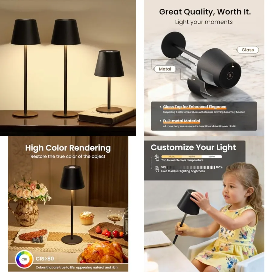 

Cordless Table Lamp, Portable Battery Operated Lamp with 3 Color Temps and Stepless Dimming, Rechargeable Table Lamp for Dinner