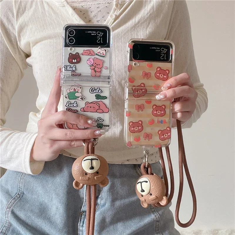 Funda de teléfono con cordón de oso lindo para Samsung Galaxy Z Flip 6 5 4 3, funda trasera protectora para ZFlip4 ZFlip5 ZFlip6