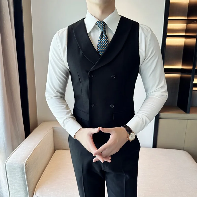 Autumn Double Breasted Suit Vest Men\'s High Quality Slim Casual Business Formal Sleeveless Vest Wedding Groom Banquet Waistcoat