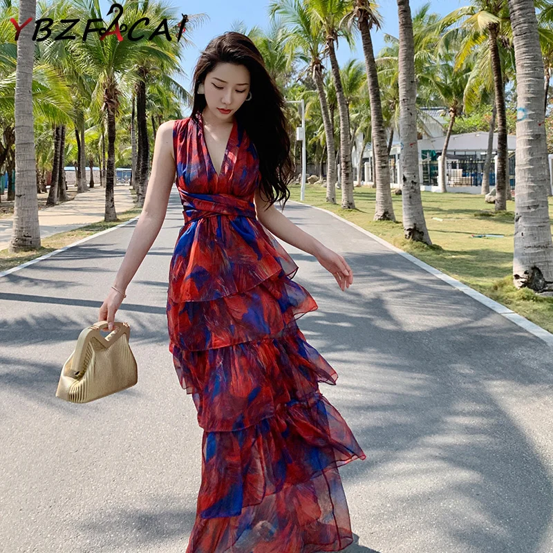 

2022 Summer Women Midi Beach Fashion Dress Sexy Print High Waist Backless V-Neck A-Line Skirt Elegant Temperament Women Clothing