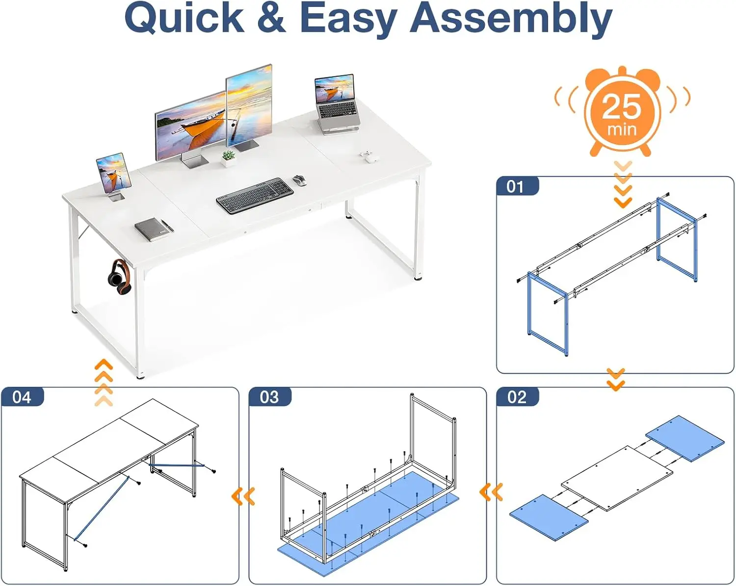 63 Inch Computer Desk For Home Office, Study Writing Table For Small Spaces, Simple Modern Desk With Headpe Hooks, White