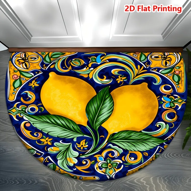 Mediterranean Lemon Ornate Tile Printed Semicircular Doormat Entry Decorative Rug Anti Slip Floor Mat For Front Door Entryway