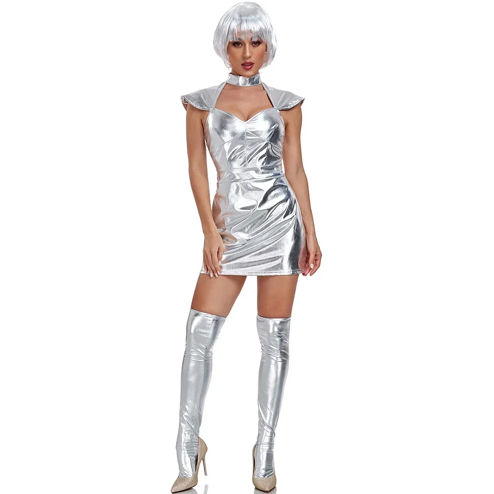 M-XL Beautiful Sexy Girl Halloween Space Costume Cosplay Planet Silver Tin Man Uniform Performance Stage Astronaut Costume