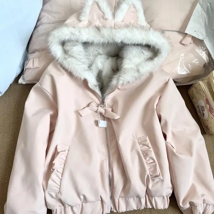 

Kawaii Cotton Jacket Winter Fur Collar Sweet Hooded Women Thick Jacket Casual Tops Zipper Loose Fashion Hooded Coat New Clothes