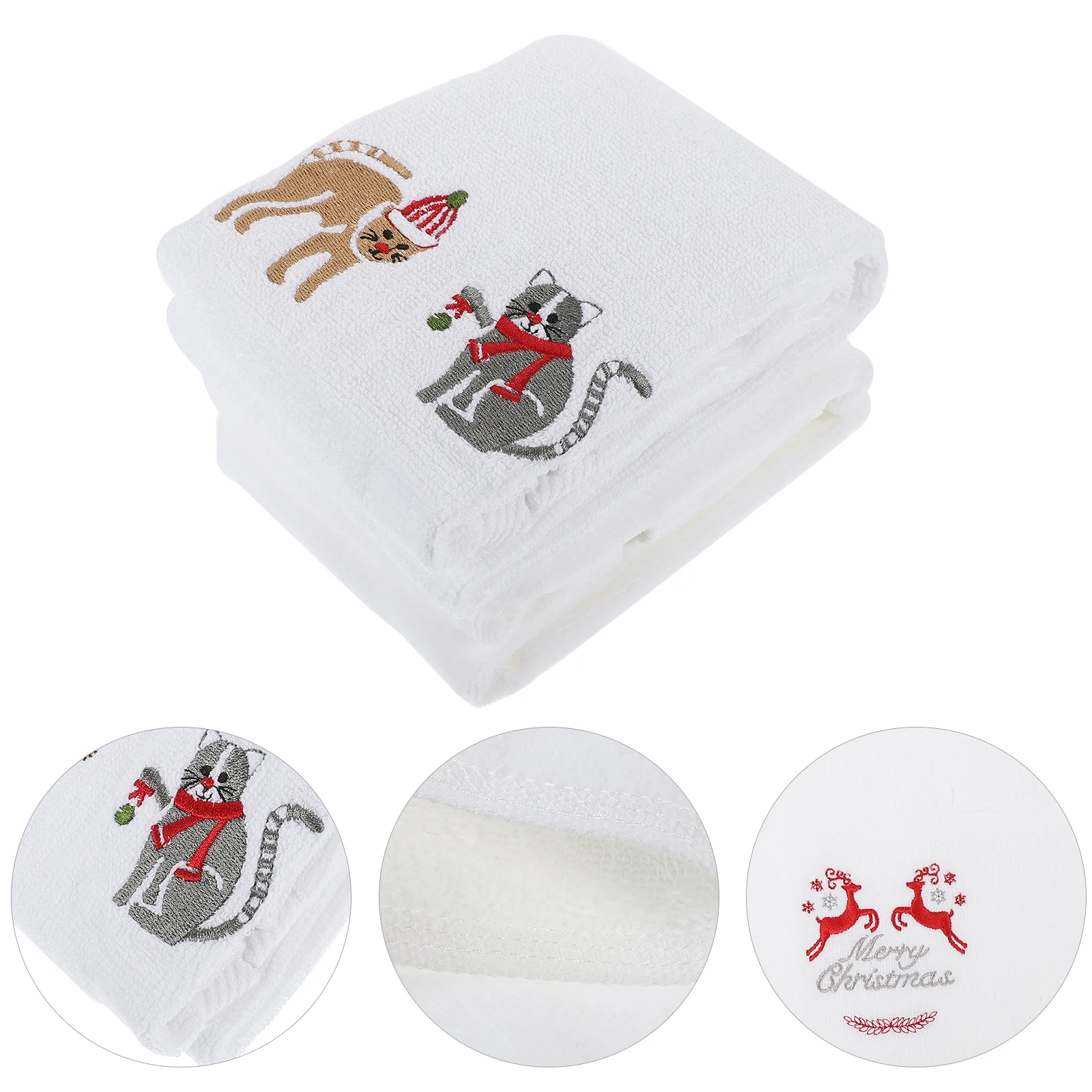 

2pcs Embroidered Towels Cats Deer Patterns Absorbent Kitchen Cleaning Rag Reusable Dish Christmas Wash Towel Washcloths