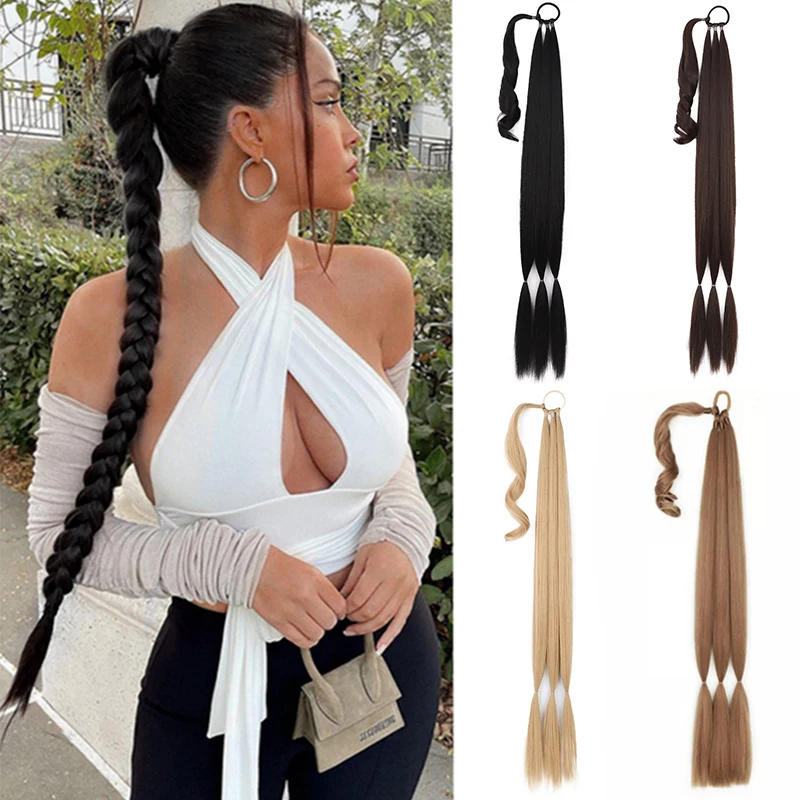 

New Concubine Synthetic Braided Ponytail Hair Extension Pigtail Fake Hair For Woman Black Brown Gold Pony Tail High Elastic Wig