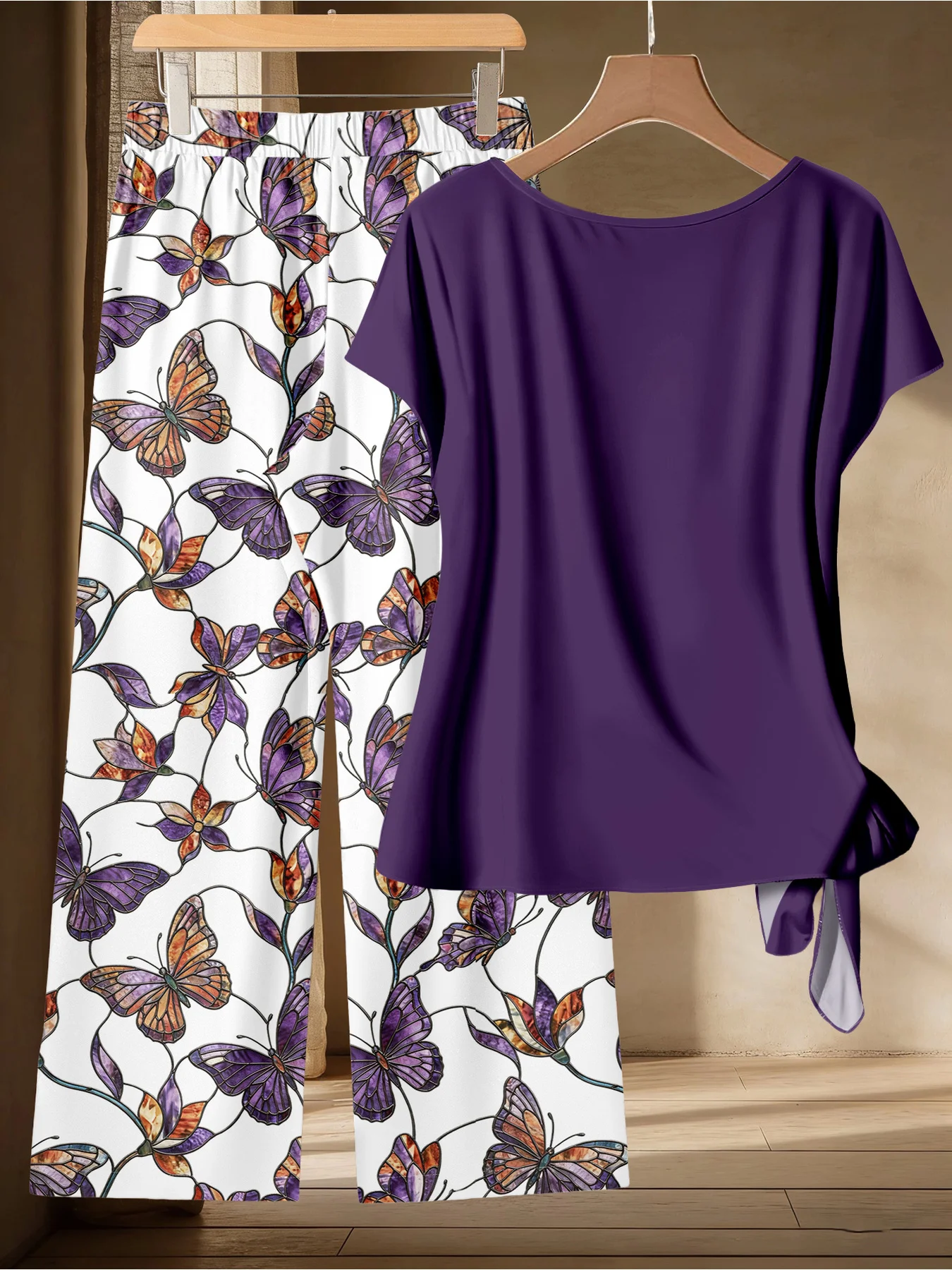 Summer Comfortable Casual Plus Size Purple Twisted Top Butterfly Print Wide Leg Pants Long Pants Set Women's Two-Piece Set