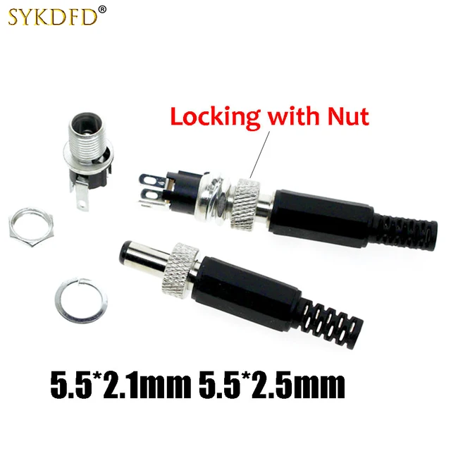 1 szt. Zamykana wtyczka zasilania DC 5,5x2,1/5,5x2,5 mm żeńskie gniazdo ze śrubą i nakrętką złącze blokujące