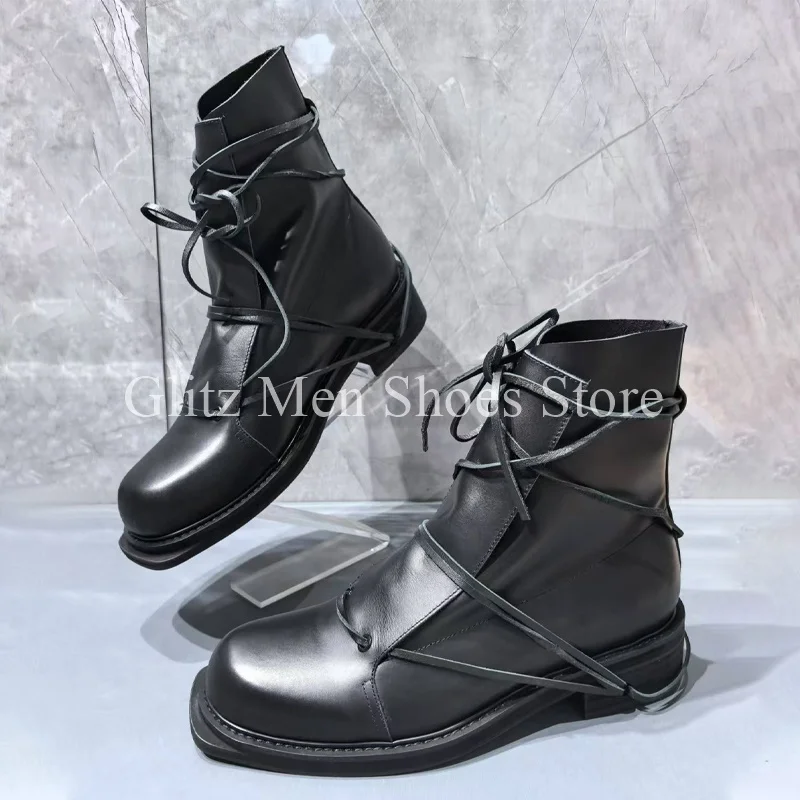 Men's Cross-strap Ankle Boots Classical Genuine Leather Lace-up Vintage Handmade Outdoors Worker Winter Short Booties For Men