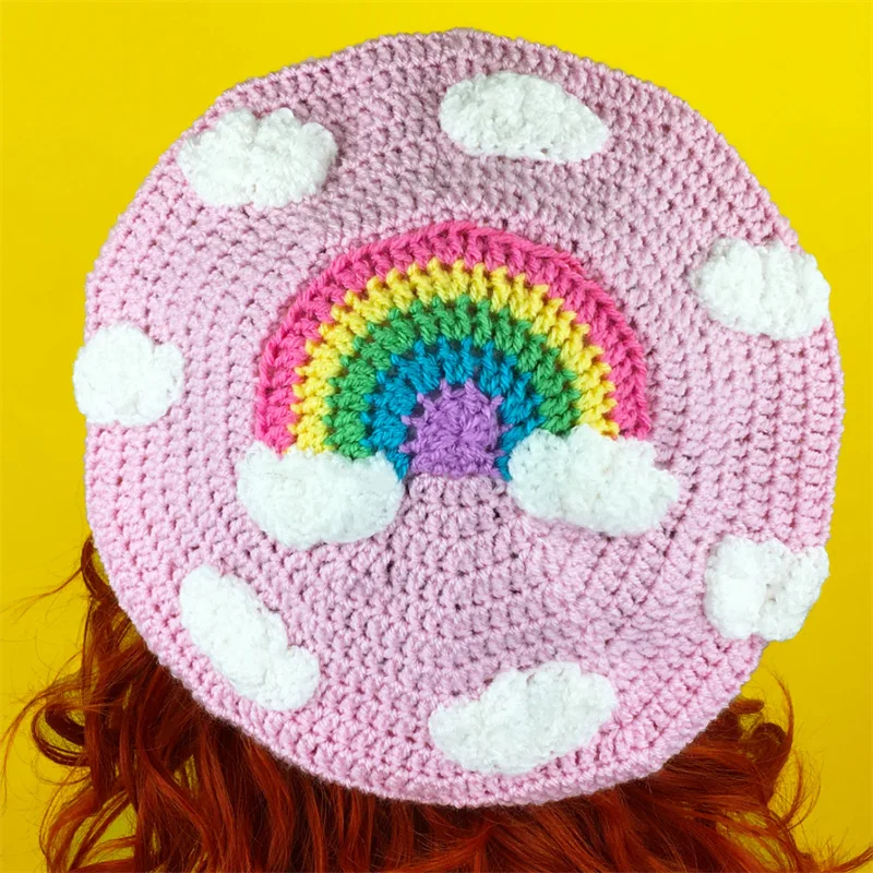 Handmade crocheted Rainbow cloud pattern style painter Beret For adults children Cute Winter outdoor commuting beret hat