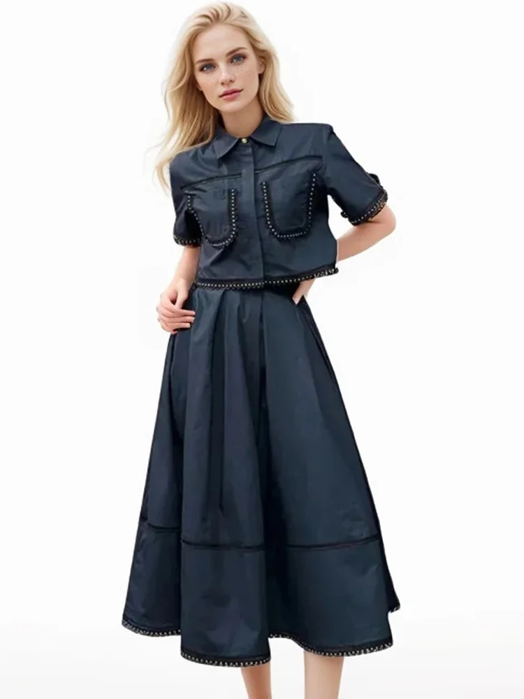 VGH Casual Solid Two Piece Sets For Women Lapel Short Sleeve Tops High Waist Loose A Line Skirt Minimalist Set Female Fashion