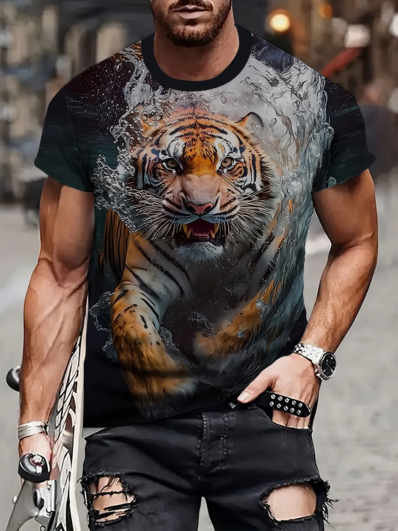 3D Digital Cool Tiger In The Water Pattern Crew Neck Short Sleeve T-shirt Men\'s Summer Fashion Tee Novel Cool Tops For Street