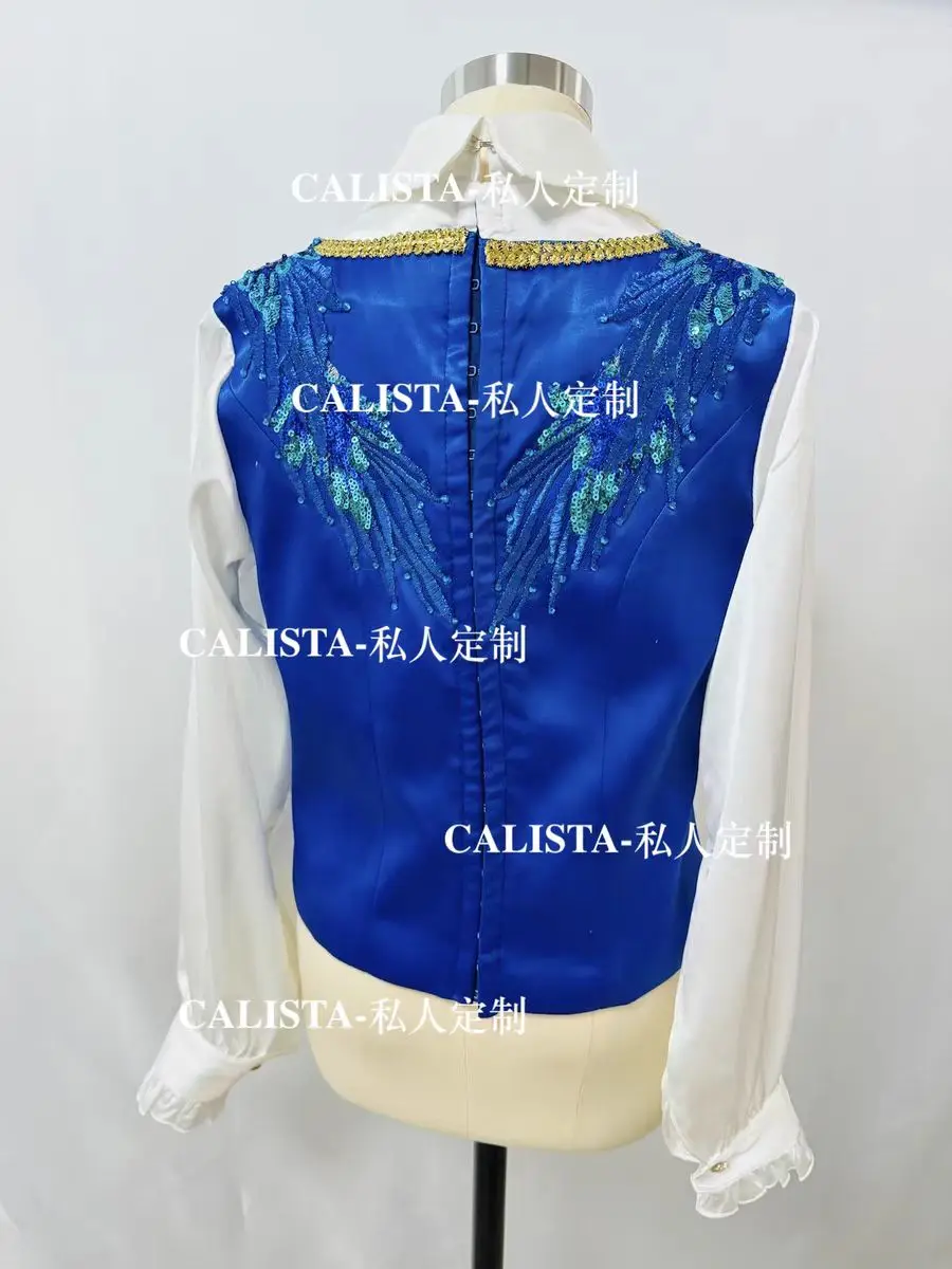 Blue bird male variation ballet dress private custom blue shiny vest white long-sleeved shirt race dress