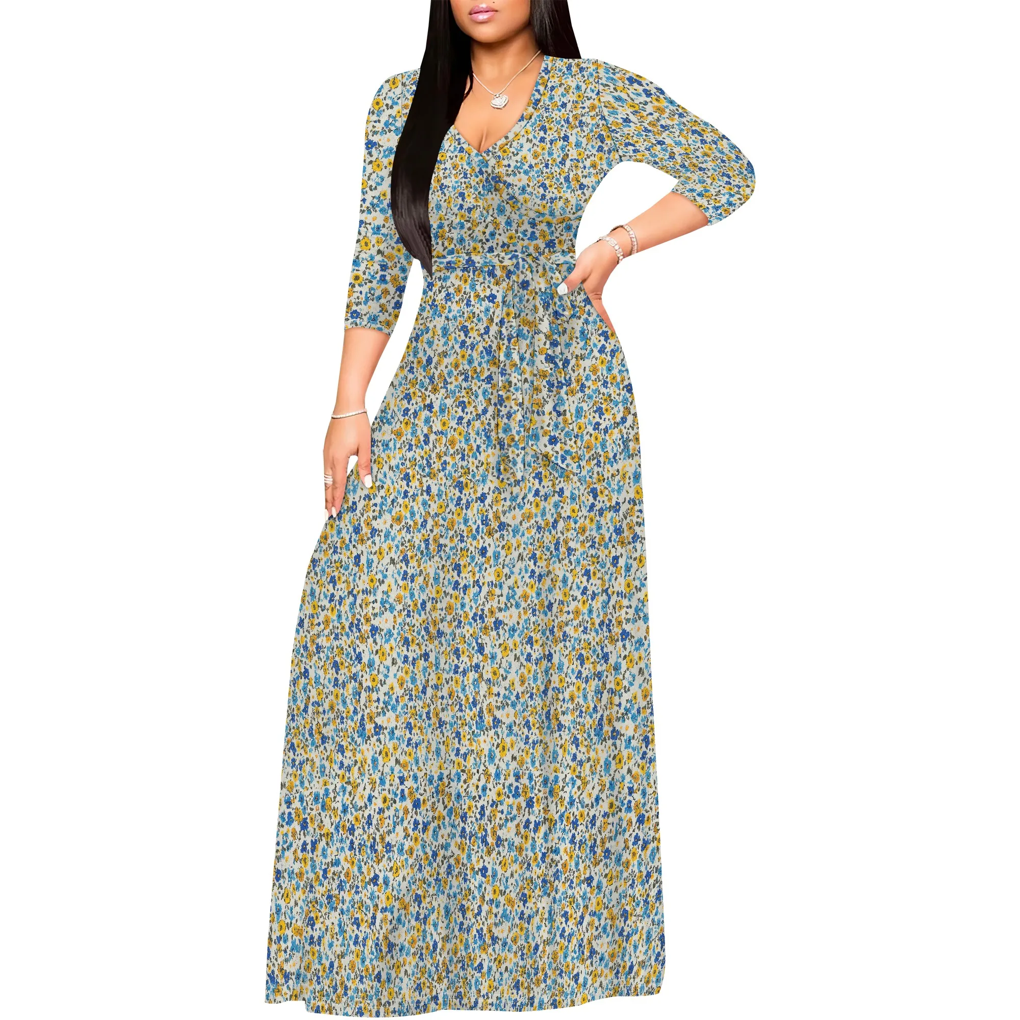 

Plus Size Dress for Women - 3/4 Sleeve V Neck Printing Maxi Dresses for Women