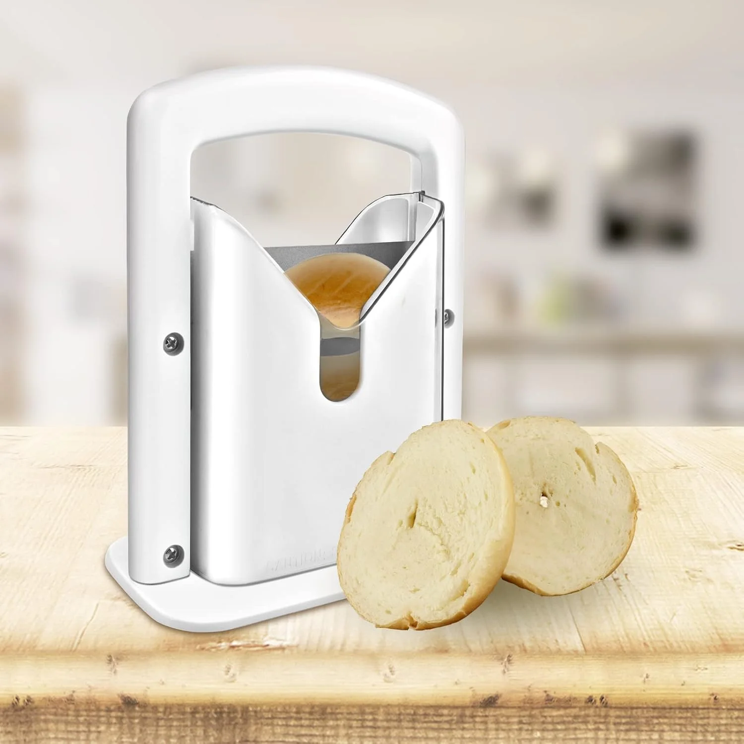 Bagel Slicer,Perfect for Bagels, Safe , Guillotine , Safety Shield, Stainless Steel (white)