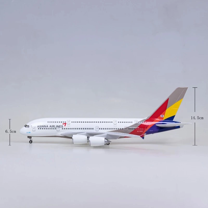 50.5CM 1/160 Scale Airplane A380 Korean ASIANA Airline Model With LED Light &Landing Gears Diecast Plastic Resin Plane Toy