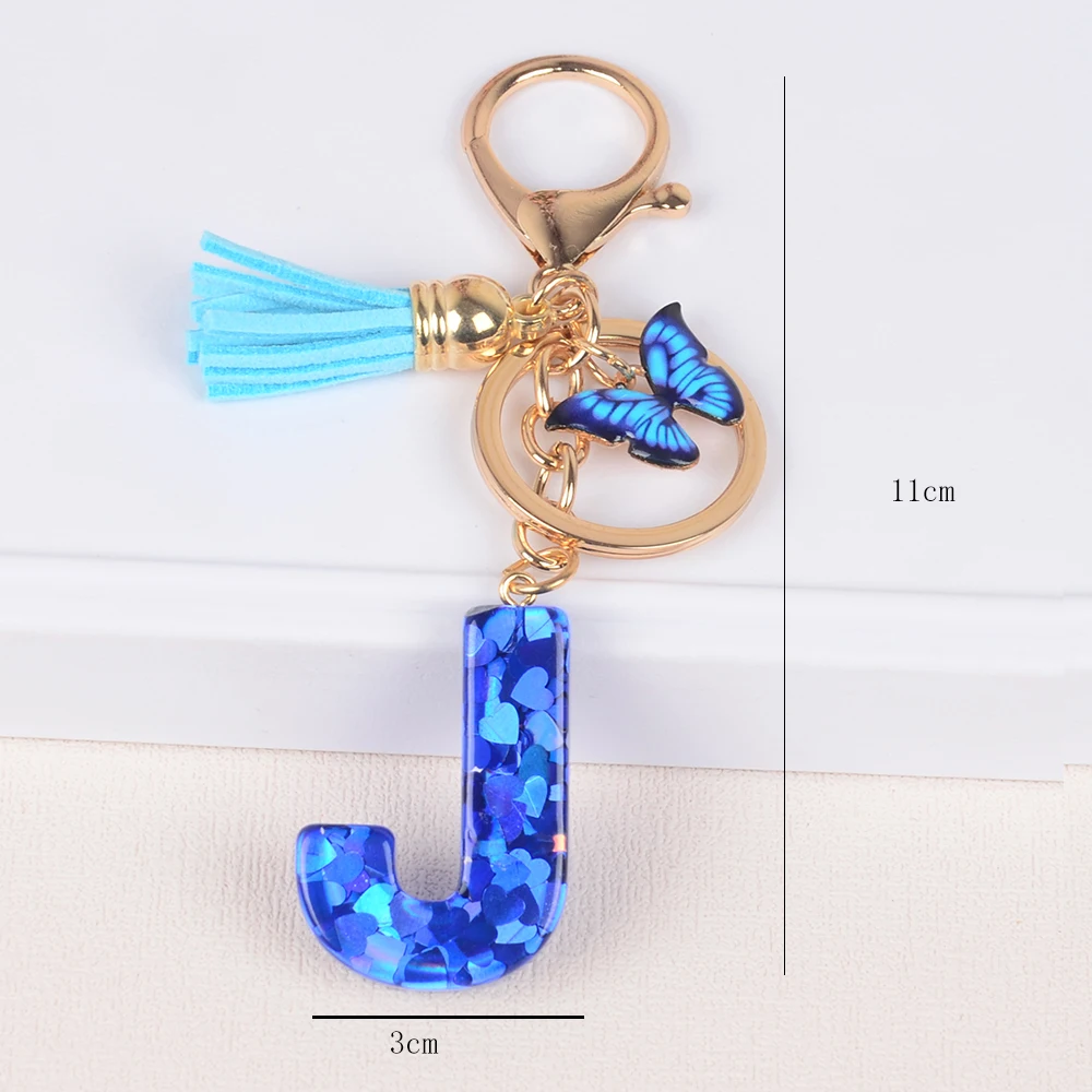 Resin English Letter Keychain With Blue Butterfly Pendant Tassel Charms Glitter Sequins love Filled 26 Initials Key Rings
