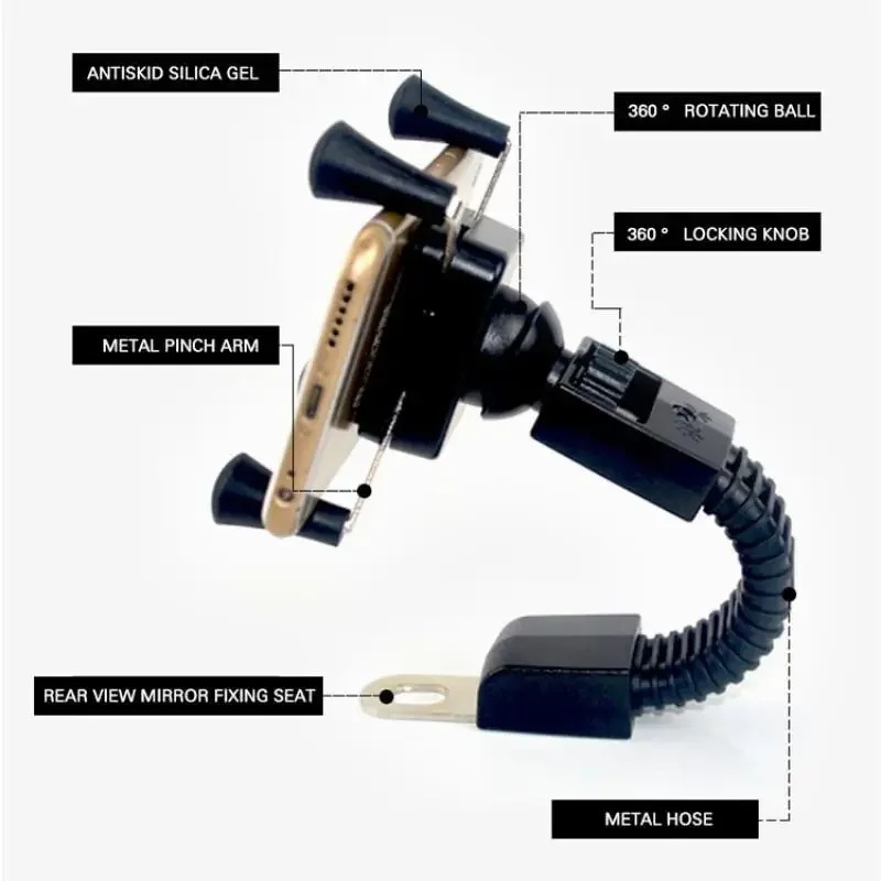 Universal Motorcycle Mount Bicycle Phone Holder 360 Rotatable Adjustable Rear View Mirror Mount for iPhone Samsung Xiaomi Huawei