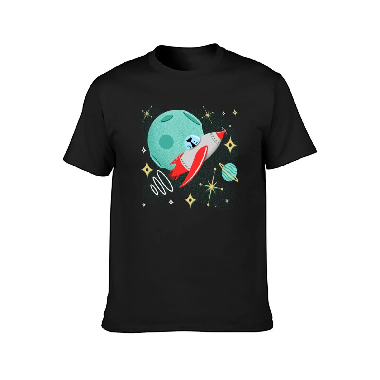 Atomic Rocket Cat Funny Mid-Century Modern Cat in Futuristic Spaceship T-Shirt tees blacks Men's clothing