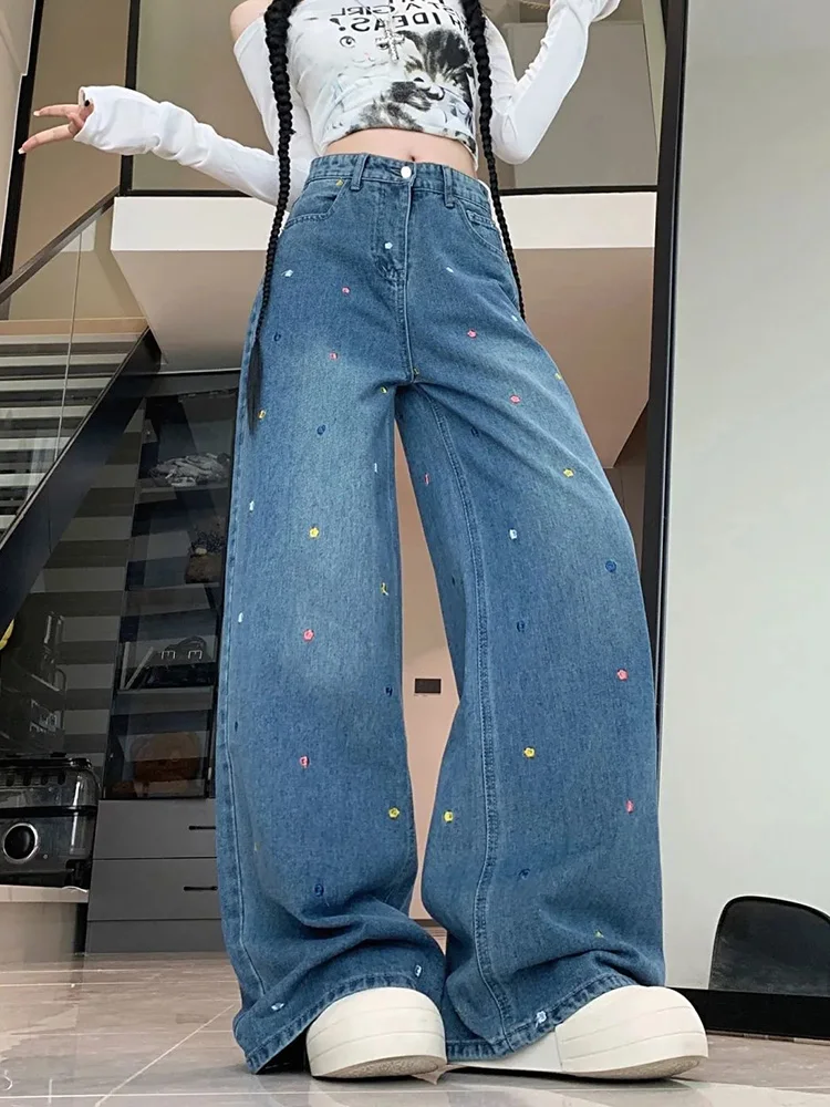 Floral Embroidery Retro Jeans Women Sweet High Waist Loose Denim Pants American Casual Preppy Style Lady Spring Vintage Trousers