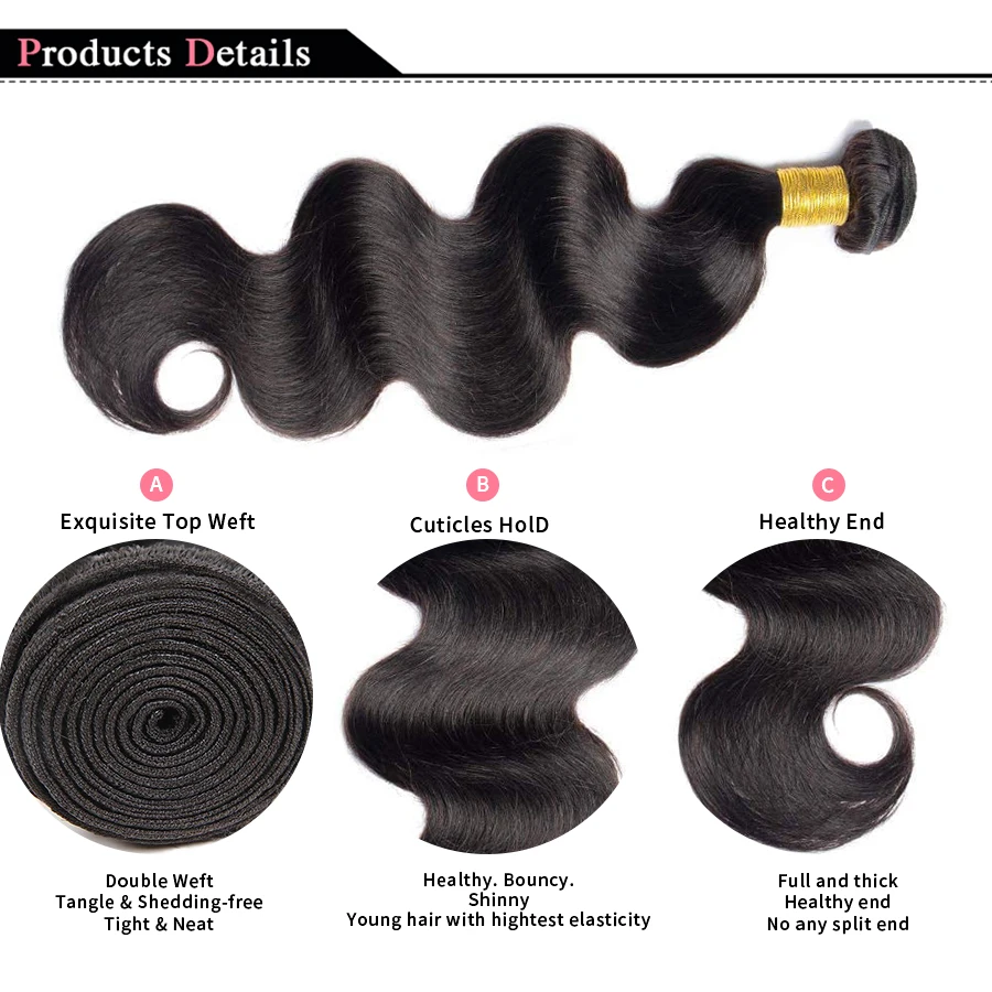 Tissage en Lot Brésilien Naturel Noir Body Wave, Extensions de Cheveux Humains, 100% Naturel, 3 Pièces