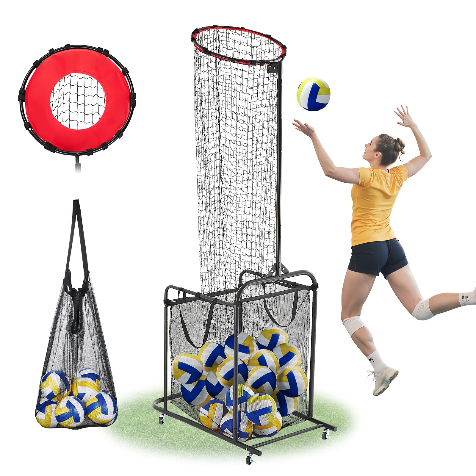 VEVOR Volleyball Setter Training Equipment Angle Height Adjustable with Cart Wheels Carrying Bag for Serving Spiking Setting
