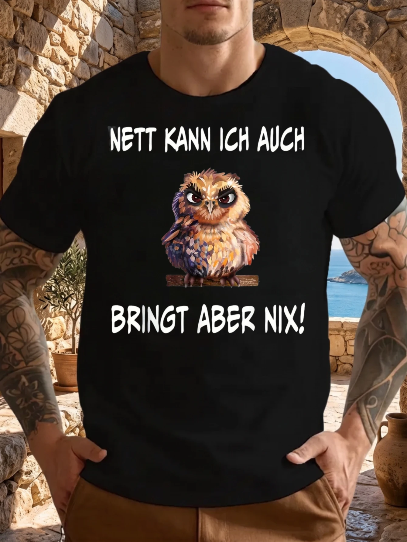 1 Stück 100% Baumwolle Unisex T-Shirt mit Aufdruck „Nett Kann Ich Auch Bringt Aber Nix“ Eulen-Grafik, O-Ausschnitt, kurze Ärmel, Plus Size, bequeme Freizeitkleidung, maschinenwaschbar.