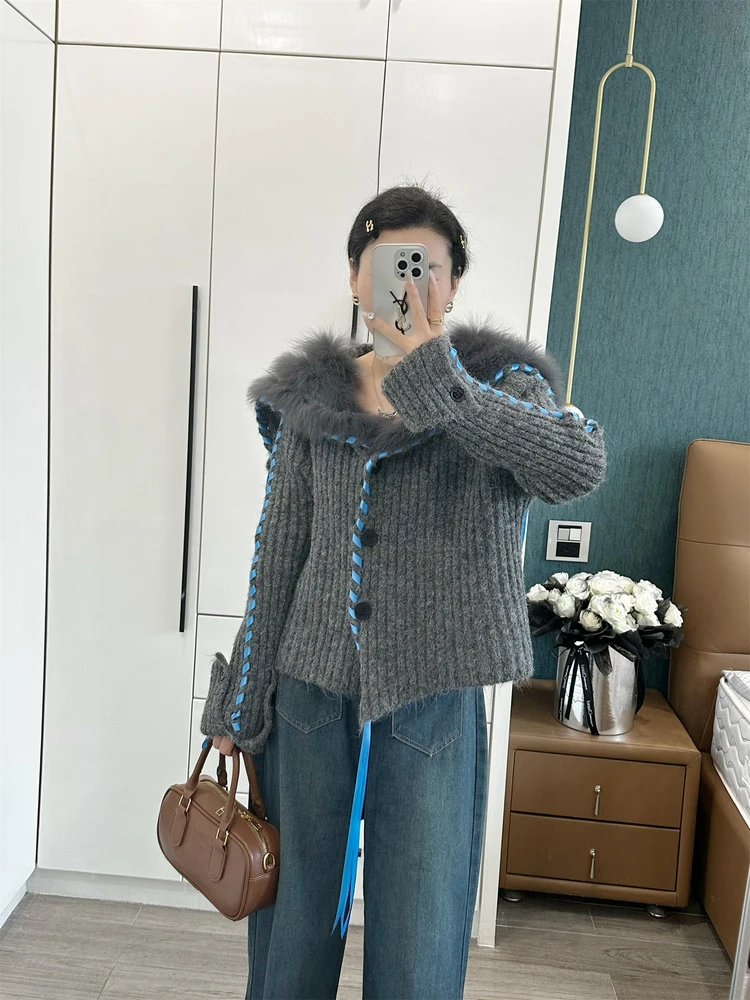 

2025 Autumn Winter Fur Coat Navy Collar Car Strip Knitted Sweater ort Faion Slimming Korean Sle Women's Outerwear