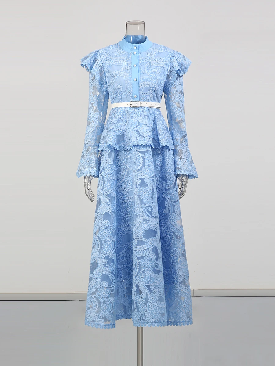 투트윈스타일 솔리드 프린팅 시스루 스플라이스 벨트 패션 드레스 여성용 라운드넥 긴팔 패치워크 버튼 드레스