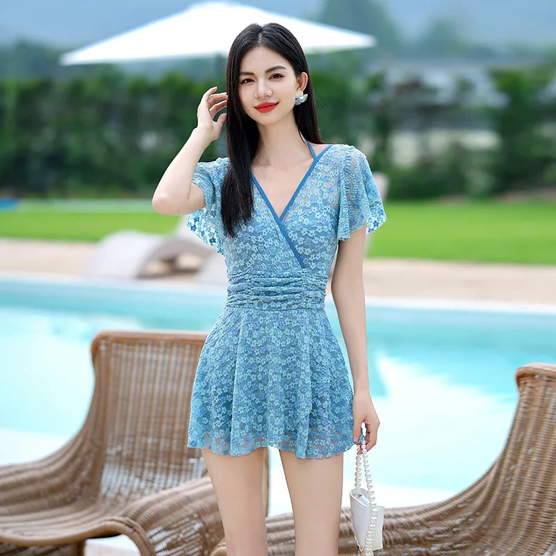 2024 New Mesh Floral Embroidery One Piece Swimsuit Women High Waist Pink Blue Skirt Sexy V-neck Backless Beach Holiday Swim Wear