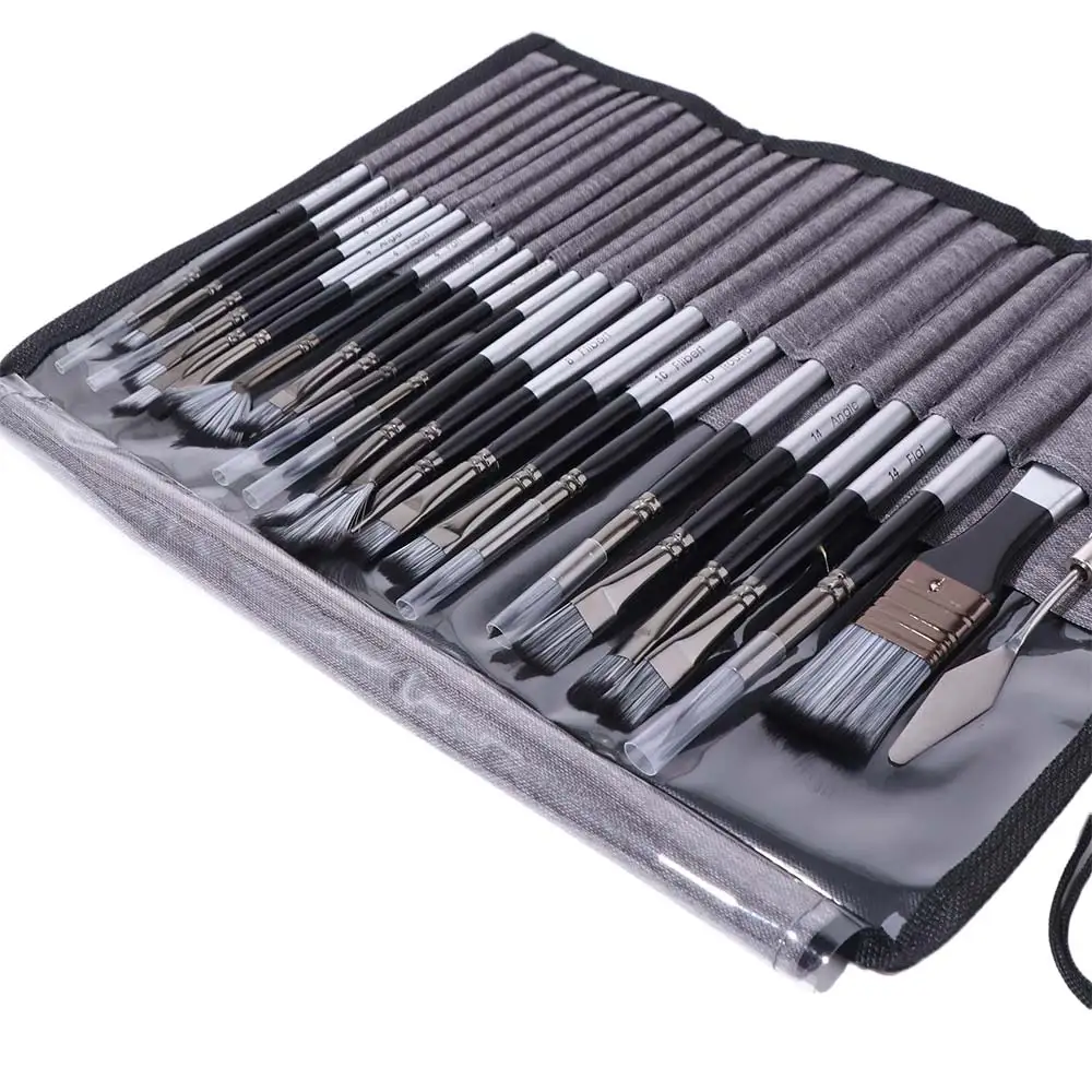 

24pcs/set Wooden Handle Nylon Brush Set DIY Art Nylon Hair Paint Brush Set Aluminum Tube with Scraper Watercolor Brush