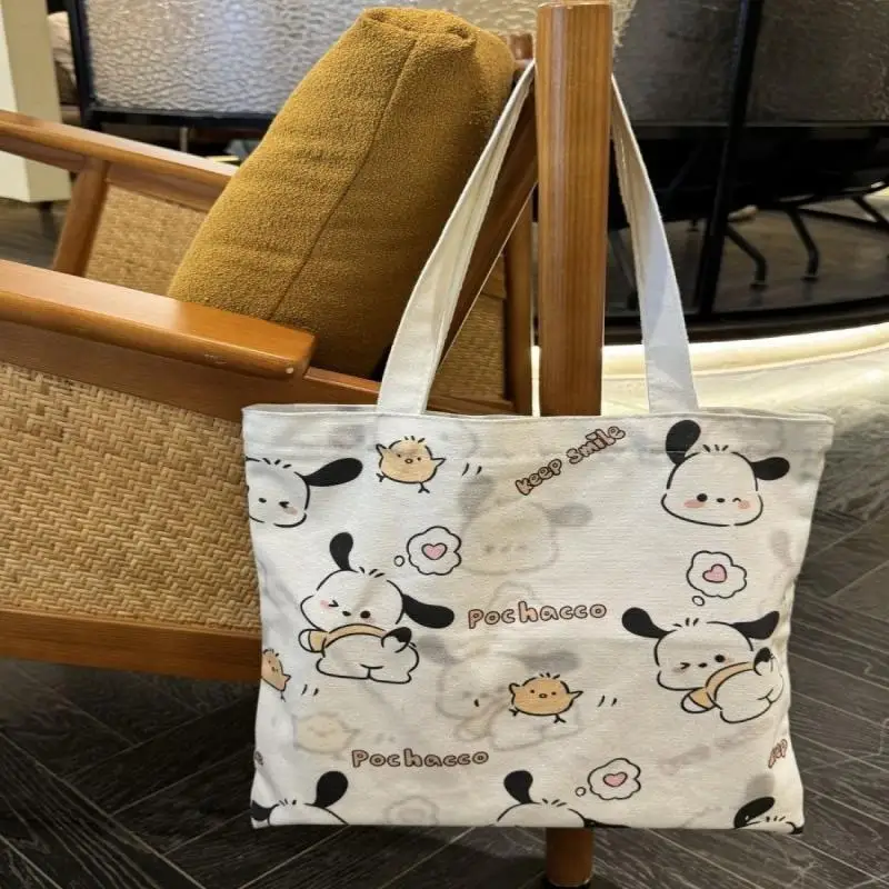 

1 Piece Pochacco Canvas Zipper Bag Cute Large Capacity Handbag Shoulder Bag Versatile Book Bag Tutoring Gift Bags For Women