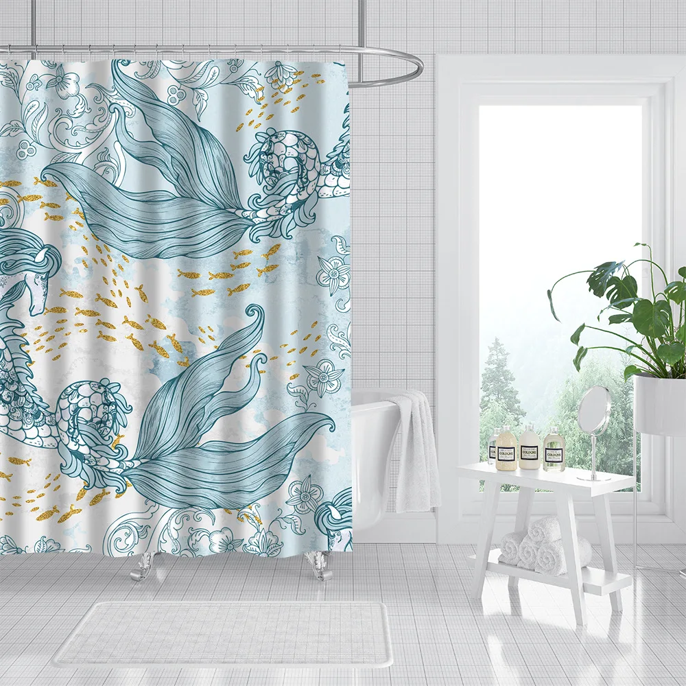 Nautical Biological Theme 3D Seahorse Turtle Dolphin Shower Curtain Sets with Hooks Bathroom Decor By Fabric Shower Curtains