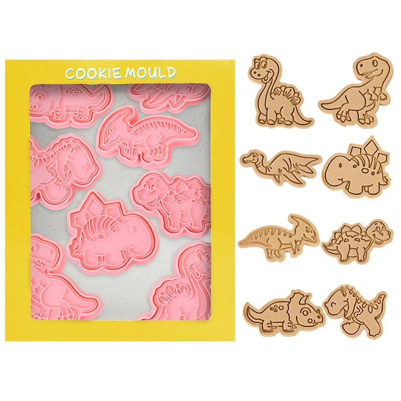 

8Pcs/Box Dinosaur Shape Cookie Cutters Plastic 3D Cartoon Pressable Cookie Mold Biscuit Stamp Home Kitchen Baking Pastry Tools