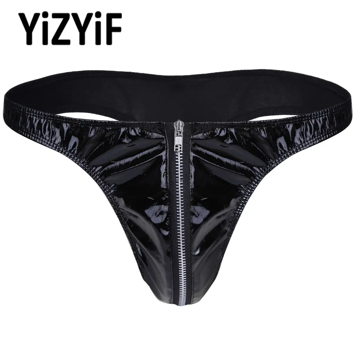 

Mens Black Swimming Briefs Patent Leather Briefs Sexy Bikini Underwear Underpants with Front Zipper Beach Pool Party Swimwear