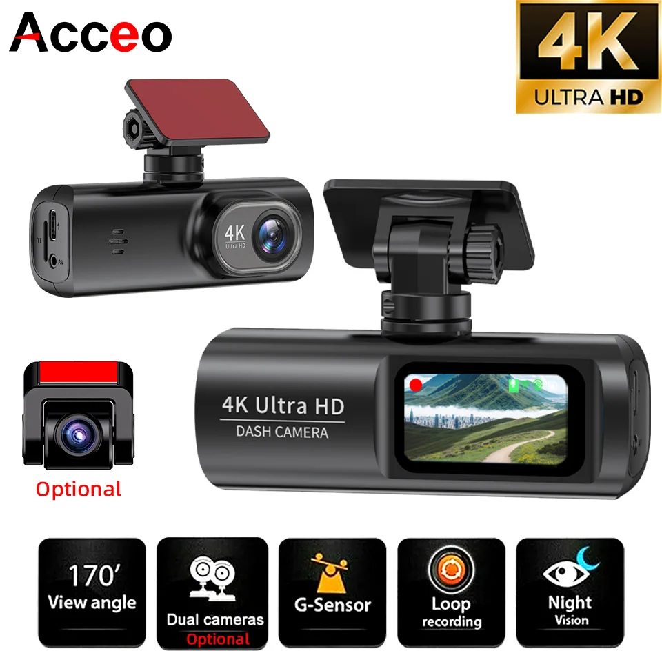 

4K WIFI видеорегистратор Mini DVR с двумя камерами (фронтальная и задняя) 1080P, функцией ночного видения и мониторинга парковки