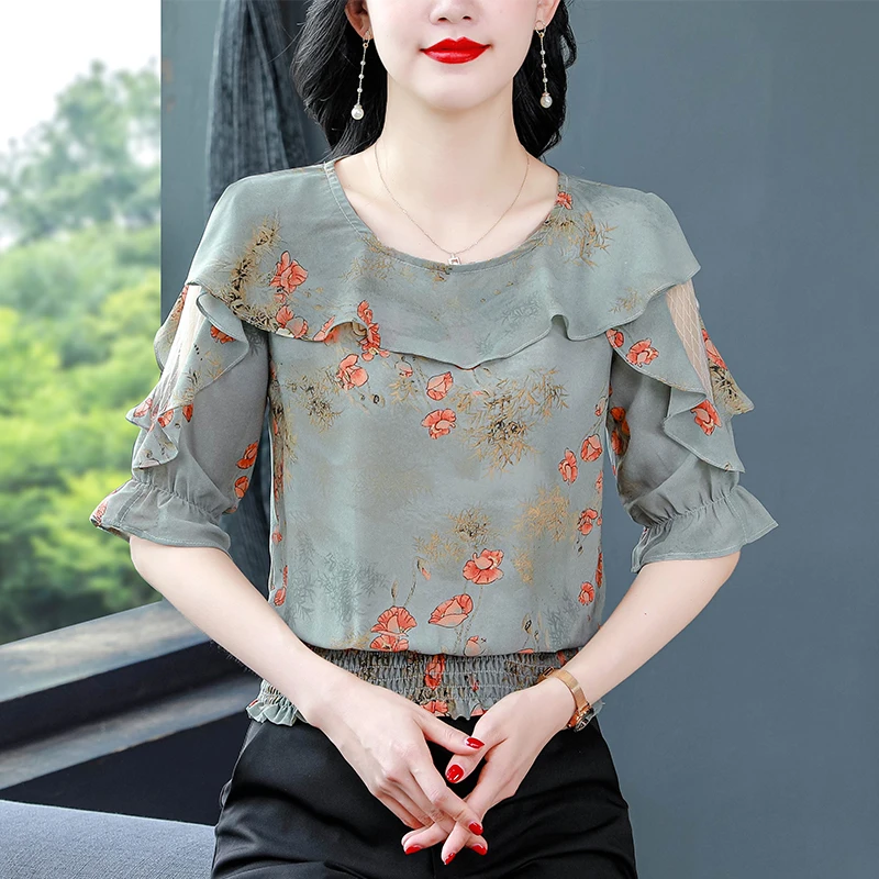 Summer 2024 Fashion Mesh splicing lady tops Elegant Half Sleeve Women blouse Ruffles Floral Printed Chiffon Shirt