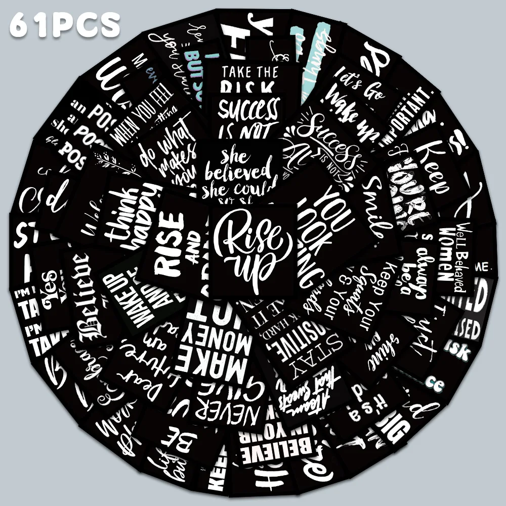 61pcs Black&White Inspirational Phrase Sticker Fashion Minimalist Graffiti Decal For Diary Fridge Closet Decorative Sticker